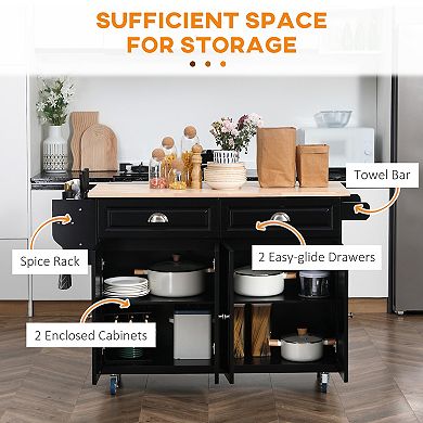 58" Kitchen Island Cart Modern Drop Leaf Storage Trolley Shelf On Wheels, Black