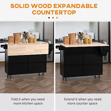 58" Kitchen Island Cart Modern Drop Leaf Storage Trolley Shelf On Wheels, Black