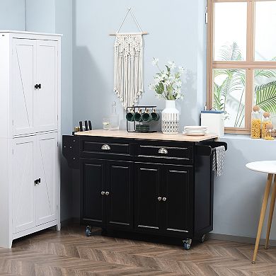 58" Kitchen Island Cart Modern Drop Leaf Storage Trolley Shelf On Wheels, Black
