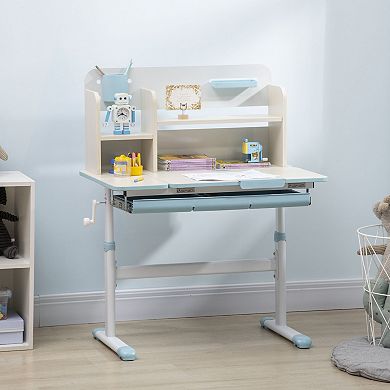 Height Adjustable Kids Desk With Tilt Desktop Drawer, Storage Shelf, Blue