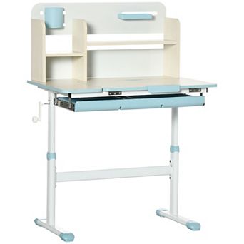 Height Adjustable Kids Desk With Tilt Desktop Drawer, Storage Shelf, Blue