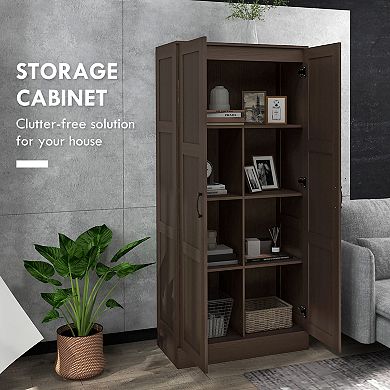 Homcom Storage Cabinet W/ Storage Shelves, Pantry Cupboard Cabinet, Coffee