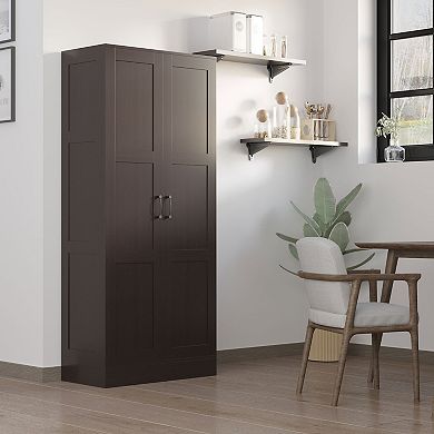 Homcom Storage Cabinet W/ Storage Shelves, Pantry Cupboard Cabinet, Coffee
