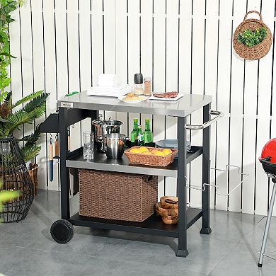 Outsunny Movable Stainless Steel 3-shelf Outdoor Grill Cart W/ Side Handle