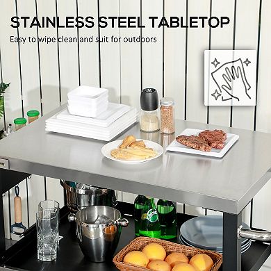 Outsunny Movable Stainless Steel 3-shelf Outdoor Grill Cart W/ Side Handle