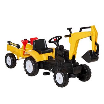 Pedal Digger Construction Car W/ 6 Wheels & Detachable Trailer