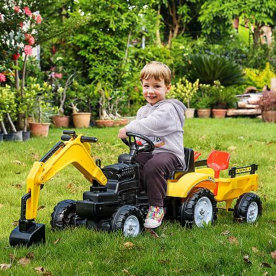Pedal Digger Construction Car W/ 6 Wheels & Detachable Trailer