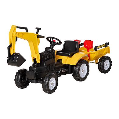 Pedal Digger Construction Car W/ 6 Wheels & Detachable Trailer