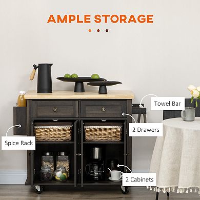 Modern Rolling Kitchen Island Cart W/ Storage, Spice Rack, Towel Rack & Drawers
