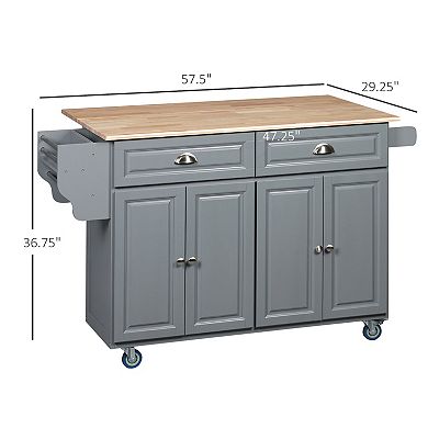 58" Kitchen Island Cart Modern Drop Leaf Storage Trolley Shelf On Wheels, Grey
