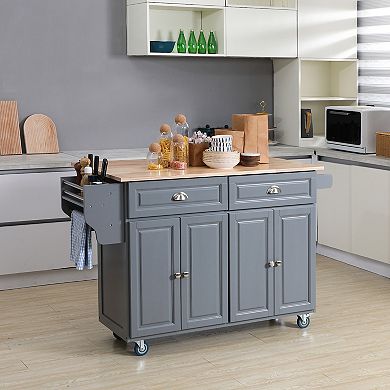 58" Kitchen Island Cart Modern Drop Leaf Storage Trolley Shelf On Wheels, Grey