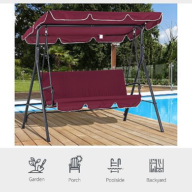 Outsunny 3-Seat Patio Swing Chair with Cushion, Adjustable Canopy, Red