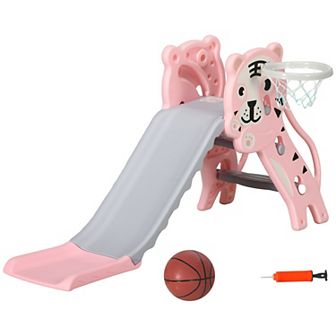 Qaba 2 in 1 Toddler Slide For Indoor With Basketball Hoop, Pink