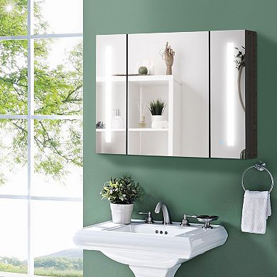 Led Medicine Cabinet Wall-mounted Bathroom 3 Mirrored Door High Gloss Black