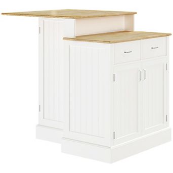 2-level Kitchen Island With Storage Cabinet, Butcher Block Countertop, Drawers