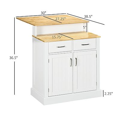 2-level Kitchen Island With Storage Cabinet, Butcher Block Countertop, Drawers