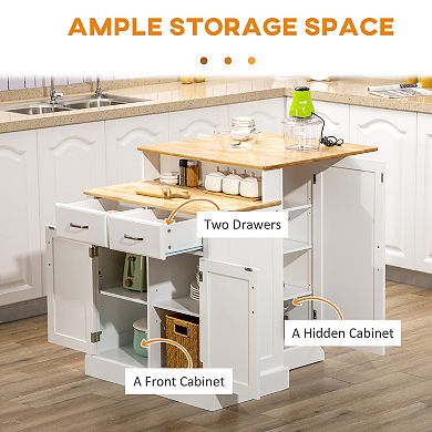 2-level Kitchen Island With Storage Cabinet, Butcher Block Countertop, Drawers