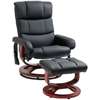 Recliner Chair With Ottoman, Swivel Wood Base, Remote And Side Pocket, Black