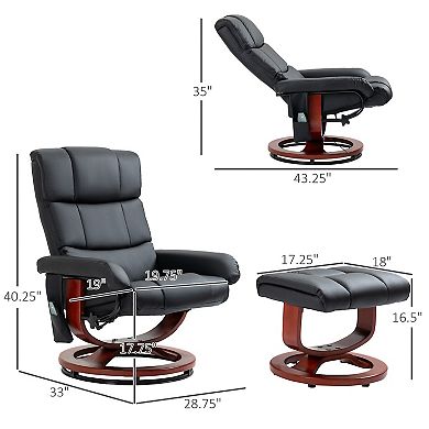 Recliner Chair With Ottoman, Swivel Wood Base, Remote And Side Pocket, Black