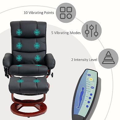 Recliner Chair With Ottoman, Swivel Wood Base, Remote And Side Pocket, Black