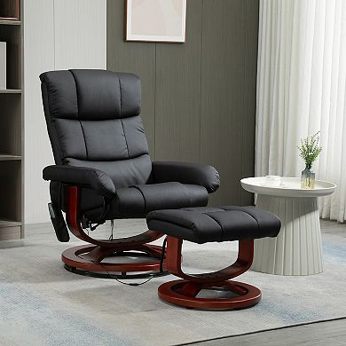 Recliner Chair With Ottoman, Swivel Wood Base, Remote And Side Pocket, Black