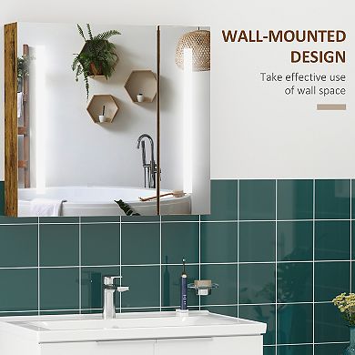 Wall-mounted Led Bathroom Medicine Cabinet W/ 3-tier Storage Shelves, Dark Wood