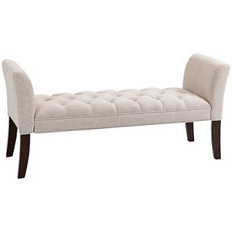 Upholstered Button Tufted Bed End Window Bench W/ Arms & Wood Legs, Beige
