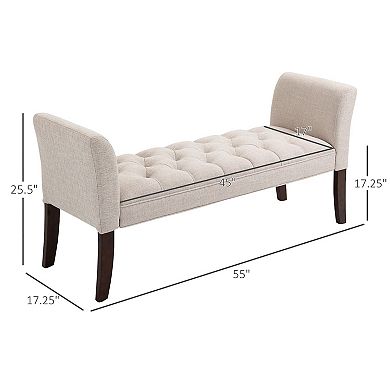 Upholstered Button Tufted Bed End Window Bench W/ Arms & Wood Legs, Beige