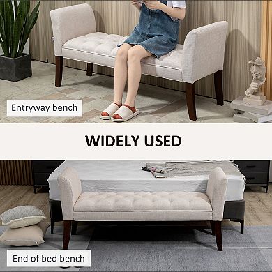 Upholstered Button Tufted Bed End Window Bench W/ Arms & Wood Legs, Beige