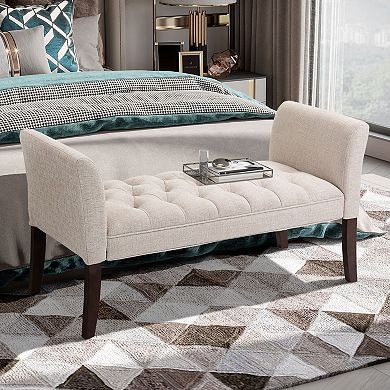 Upholstered Button Tufted Bed End Window Bench W/ Arms & Wood Legs, Beige