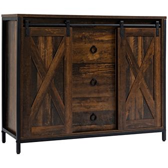 Industrial Farmhouse Kitchen Sideboard Buffet Cabinet W/ Drawers, Rustic Brown