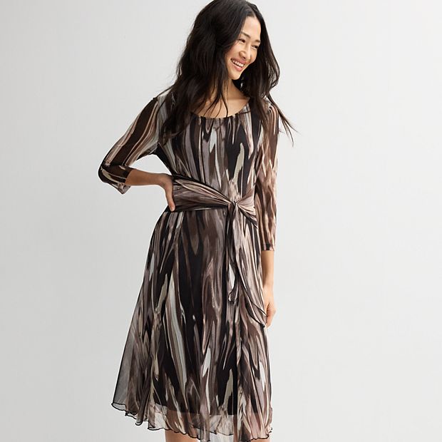 Petite Connected Apparel Three Quarter Sleeve Mesh Tie Front Belt Midi Dress