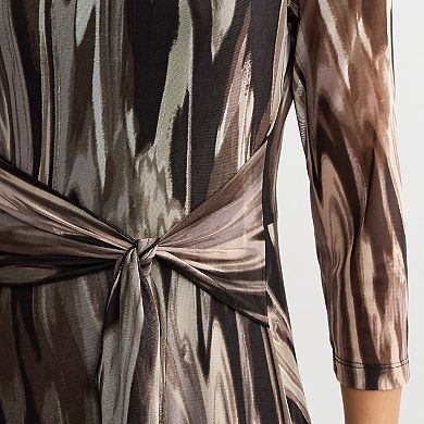 Petite Connected Apparel Three Quarter Sleeve Mesh Tie Front Belt Midi Dress