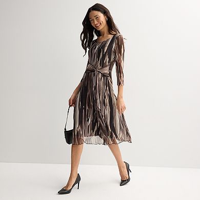 Petite Connected Apparel Three Quarter Sleeve Mesh Tie Front Belt Midi Dress