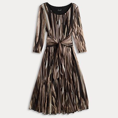 Petite Connected Apparel Three Quarter Sleeve Mesh Tie Front Belt Midi Dress