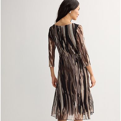 Petite Connected Apparel Three Quarter Sleeve Mesh Tie Front Belt Midi Dress