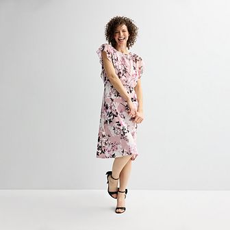 Petite Connected Apparel Sheer Overlay Cap Sleeve Midi Dress