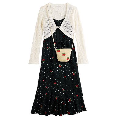 Girls 4-16 Self Esteem Ruffle Maxi Dress & Cardigan Set with Cherry Purse