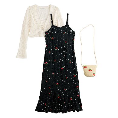 Girls 4-16 Self Esteem Ruffle Maxi Dress & Cardigan Set with Cherry Purse