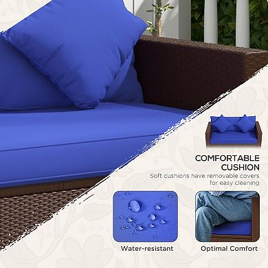 Outsunny Wicker Loveseat, Patio Furniture Couch, Padded Outdoor Sofa, Blue