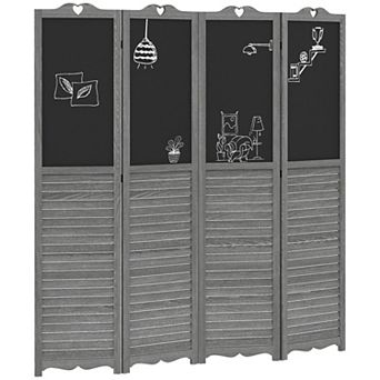 4-panel Folding Room Partition Divider Wall, Privacy Screen W/ Blackboard, Gray