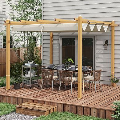 Outsunny 10ftx10' Retractable Pergola with Wood Grain Aluminum Frame