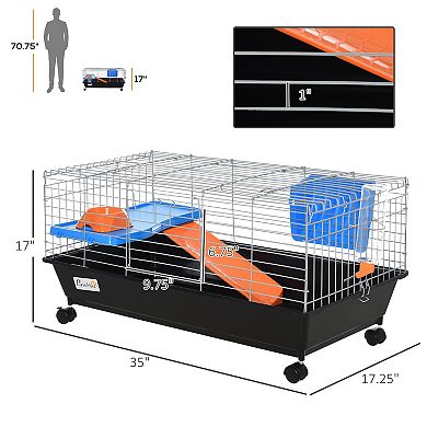 35" Guinea Pig, Hamster, & Chinchilla House Cage W/ Food Dish, Wheels, & Bottle
