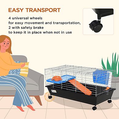 PawHut 35" Small Animal Cage with Wheels, Ramp, Water, Food Dish,