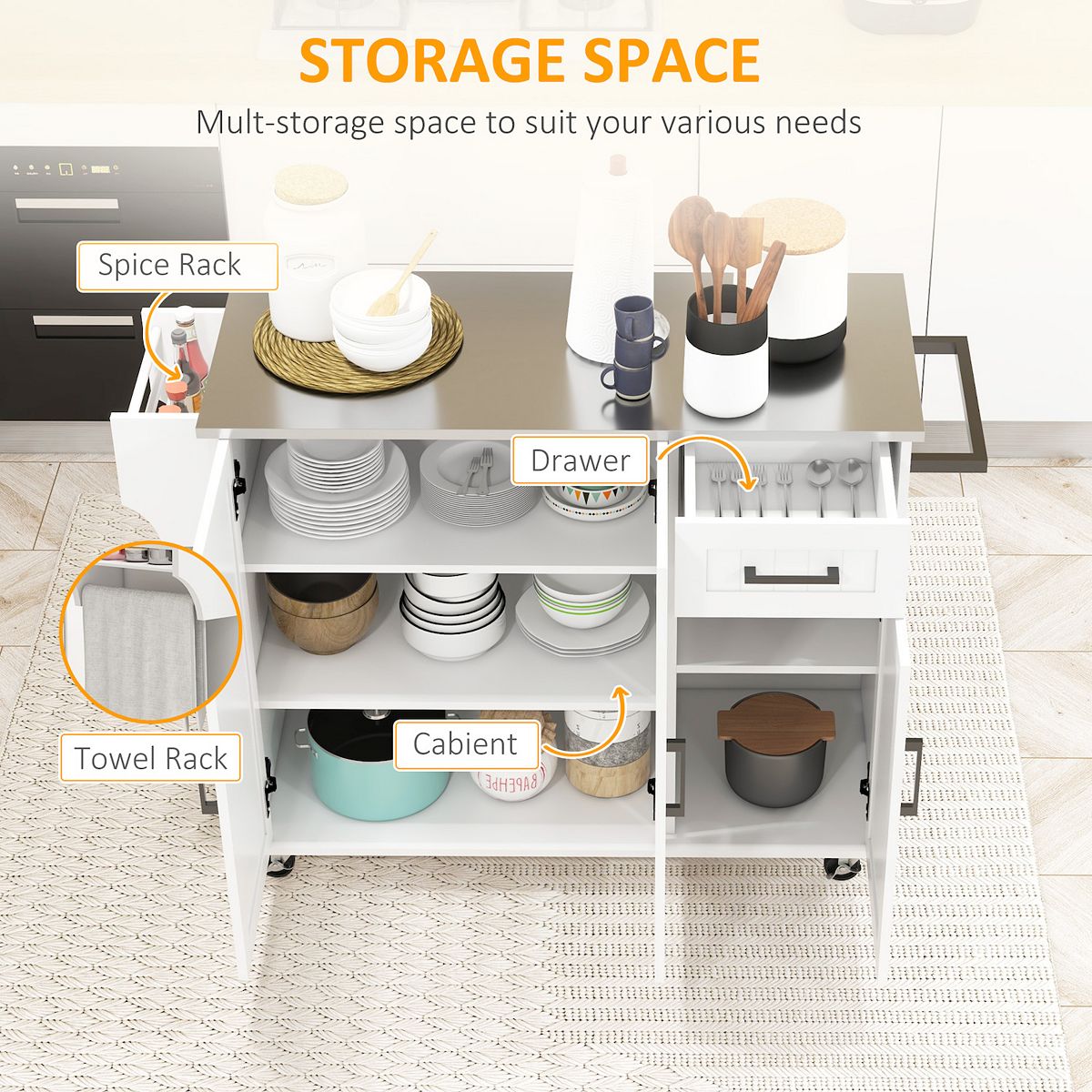 Kitchen island cart interior storage areas labeled