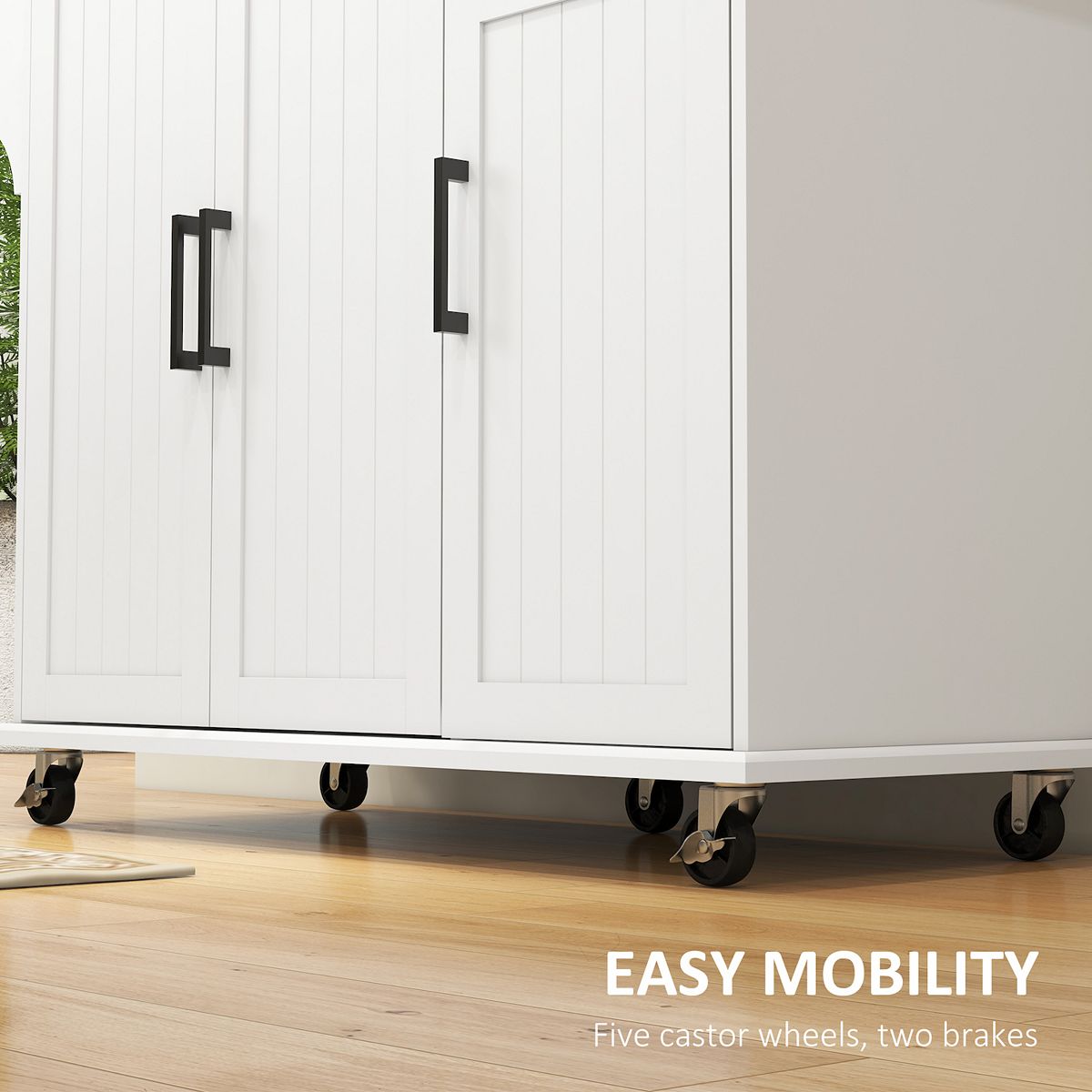 Kitchen island cart with five caster wheels and two brakes