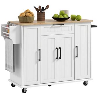 Homcom Kitchen Island On Wheels, Kitchen Cart With Solid Wood Top