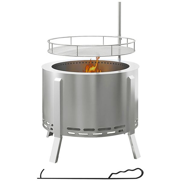 Outsunny Smokeless Fire Pit Bbq Grill With Poker, Stainless Steel - Silver