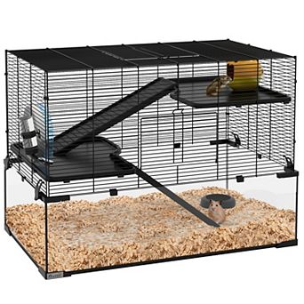 PawHut Hamster Cage, 31inch Gerbil Cage with Glass Basin for Small Hamsters
