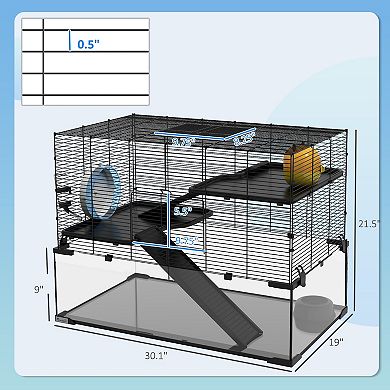 PawHut Hamster Cage, 31inch Gerbil Cage with Glass Basin for Small Hamsters